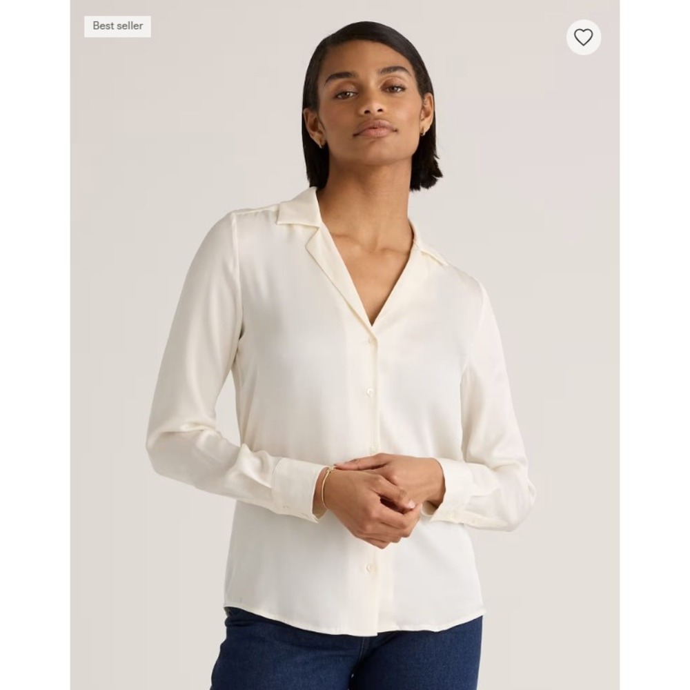 Quince Washable Stretch Silk Notch Collar Blouse Ivory Large